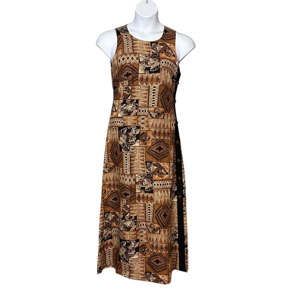 Vintage 80s Misty Lane Sleeveless Maxi Dress Linen Ethnic Tribal Back Zip Size 8